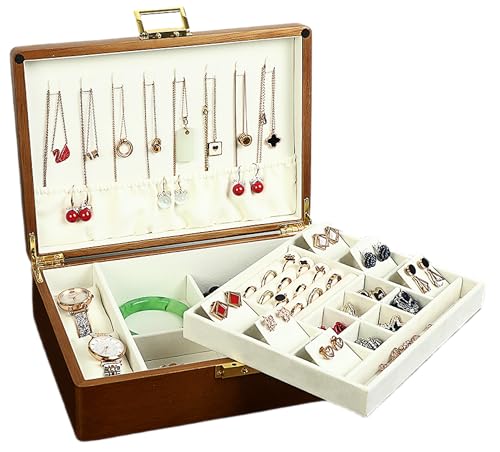 Solid Walnut Wood Jewelry Box with Lock, 2-Layer Vintage Jewelry Organizer for Men Women, Velvet-Lined Storage Chest with Key Lock (Beige) - color: Beige velvet, size: Large 2-Tier(11"L x8"W x 3.3"H)