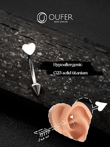 OUFER Rook Piercing Jewelry, G23 Solid Titanium Eyebrow Rings, Heart Vertical Labret Lip Jewelry, 16G Curved Barbells, Daith Rook Earrings for Women Men - color: Silver Heart, size: 16G 6mm