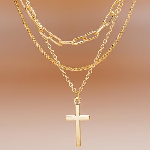 Gmai Layered Necklaces for Women Gold Plated 3/4/5 Piece Adjustable Stackable Necklace Set with Pearl Cross Coin Pendant Dainty Gold Silver Choker Chain Jewelry Gift for Her - style: Paperclip cross