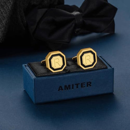 AMITER 18K Gold Plated Initial Cufflinks, Mens Cuff Links for Business Wedding Shirts Studs Suit Accessories - Gift for Groom Husband Father - style: S