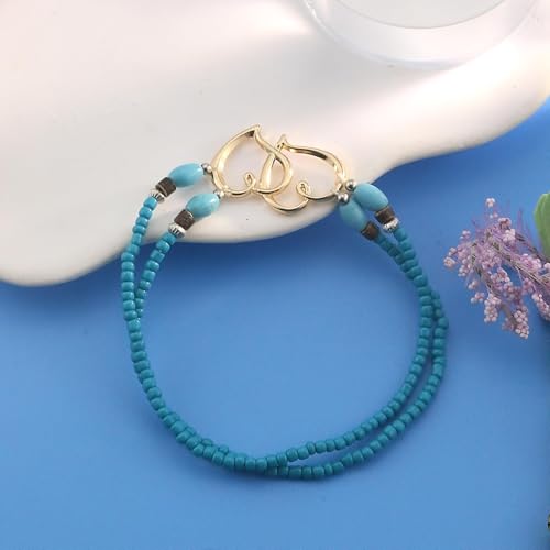 Elastic Beaded Ankle Bracelets for Women Double Heart Layered Stretch Ankle Bracelets Waterproof Dainty Boho Beaded Anklets for Summer Beach Foot Jewelry - color: Blue-Green Gold