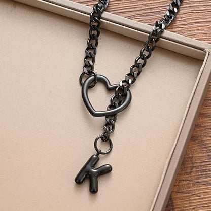 sroyte Black Heart Slip Chain Initial Necklaces for Women,Stainless Steel O-Ring Adjustable Lariat Heart Y-Necklace,Punk Gothic Cuban Collar Choker Necklace for women - color: Black K
