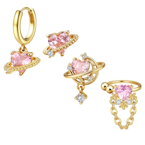 Sterling Silver Earrings Stacks for Women, Hypoallergenic Cartilage Earring | Dainty Stud Huggie Hoop Dangle Chain Earrings, 14K Gold/White Gold Plated - color: 4Pcs Pink Universe (Single Earring Not a Pair)