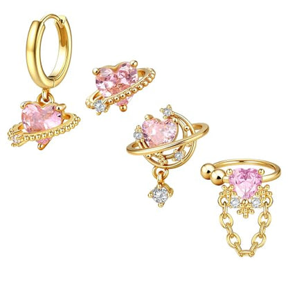 Sterling Silver Earrings Stacks for Women, Hypoallergenic Cartilage Earring | Dainty Stud Huggie Hoop Dangle Chain Earrings, 14K Gold/White Gold Plated - color: 4Pcs Pink Universe (Single Earring Not a Pair)
