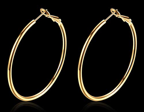 Gold Hoop Earrings,18K Gold Plated Rounded Hoops Earrings for Women - color: Yellow 60mm