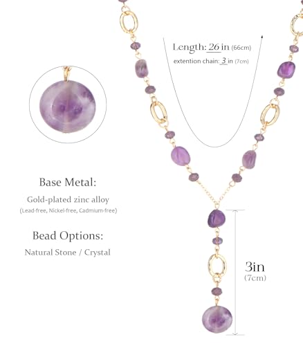 FULU AUTUMN Long Gold Beaded Necklaces for Women Natural Stone Bead Statement Pendant Necklace Y Sweater Chain Fashion Jewelry Gifts - color: Amethyst
