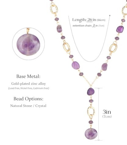 FULU AUTUMN Long Gold Beaded Necklaces for Women Natural Stone Bead Statement Pendant Necklace Y Sweater Chain Fashion Jewelry Gifts - color: Amethyst