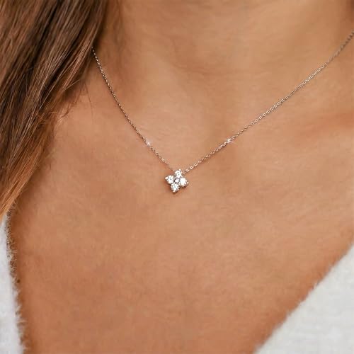 Gold Silver Necklace for Women, Dainty Cubic Zirconia Pendant | Teardrop CZ Charm, 14K Gold/Sterling Silver Plated, Adjustable Chain, Hypoallergenic & Waterproof Jewelry, Cute Trendy Gift - color: Silver-Clover necklace