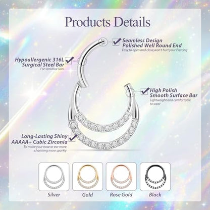 GAGABODY Septum Jewelry 16 Gauge Earrings Double Hoop Daith Earring Surgical Steel Hinged Nose Rings Nose Hoop Helix Tragus Rook Piercing - color: Style3:1pc Silver+Clear CZ