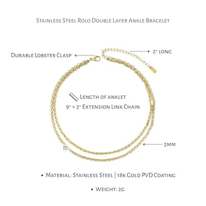 Stainless Steel Chain Ankle Bracelet for Women Adjustable Waterproof Anklet - color: Gold / Double Layer Rolo