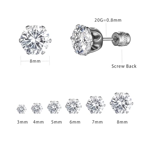 VOLUKA Cubic Zirconia Stainless Steel Screw Flat Back Earring - Hypoallergenic Stud Earrings for Women & Men - 316L Titanium CZ Stud Earrings for Nickel-Free, Trendy & Elegant - color: 6 Pairs- 3-8mm Screw Back -White