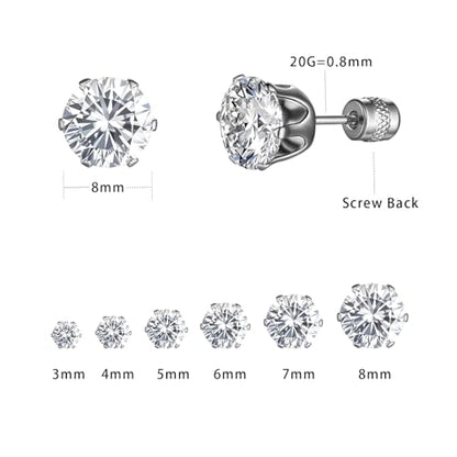 VOLUKA Cubic Zirconia Stainless Steel Screw Flat Back Earring - Hypoallergenic Stud Earrings for Women & Men - 316L Titanium CZ Stud Earrings for Nickel-Free, Trendy & Elegant - color: 6 Pairs- 3-8mm Screw Back -White
