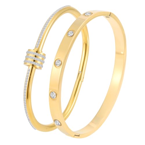 Camhanno Gold Bangles for Women - Stainless Steel Love & Friendship Bracelet Set with Gift Box | Daily Wear & Party Jewelry - color: 2pcs Gold Set Style 1