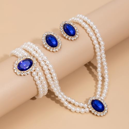 3Pcs Dainty Elegant Imitation Pearl Beaded Choker Necklace Bracelets Earrings Set Handmade Adjustable Faux Pearl Necklace for Women Bridal Wedding Party Prom Birthday Valentine Jewelry Gifts - color: F blue