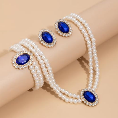 3Pcs Dainty Elegant Imitation Pearl Beaded Choker Necklace Bracelets Earrings Set Handmade Adjustable Faux Pearl Necklace for Women Bridal Wedding Party Prom Birthday Valentine Jewelry Gifts - color: F blue