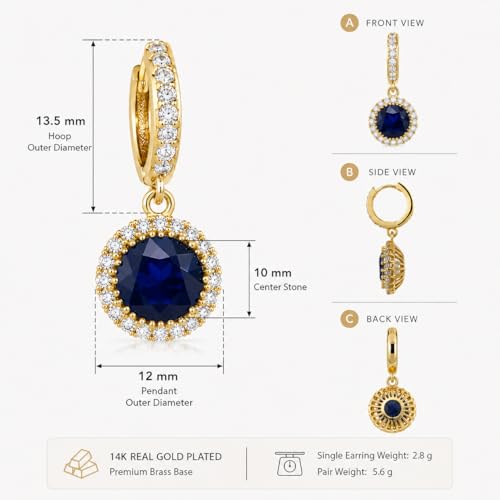 14K Gold Plated Hoop Dangle Earrings for Women, Hypoallergenic Colorful Cubic Zirconia Drop Earrings, Lightweight Huggie Earrings for Women - color: Gold/Sapphire Blue