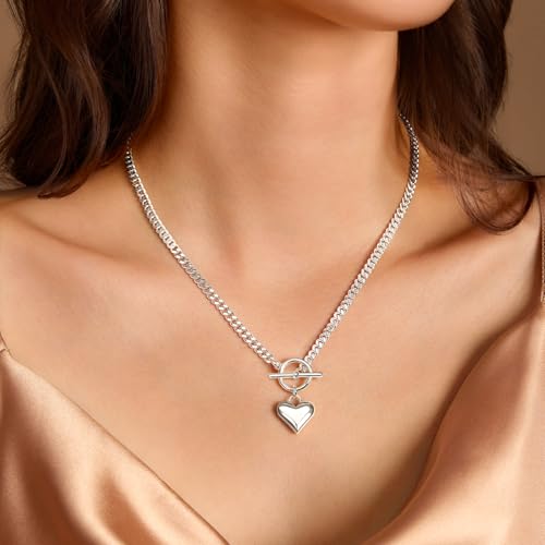 Zeffy 14K Gold/Silver Plated Chunky Thick Chain Toggle Clasp Necklace Dainty Baroque Pearl/Heart/Cross/Turquoise Pendant Necklace - color: Silver Small Heart Necklace