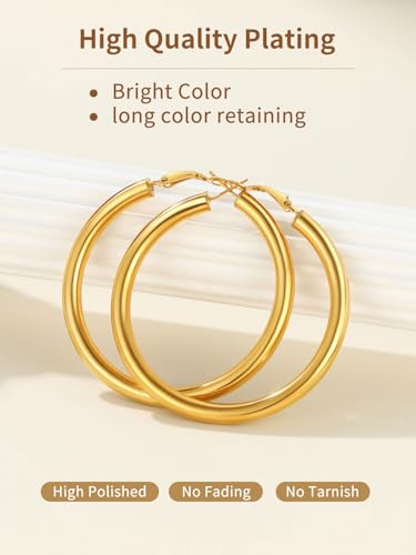 FindChic Hoop Earrings for Women, Silver/Black/14K Gold Plated Hypoallergenic Hollow Round Tube Loop Earrings, 20mm/30mm/40mm/60mm/80mm Chunky Hoops with Custom Name Options & Gift Box - color: c.Gold, size: 60MM