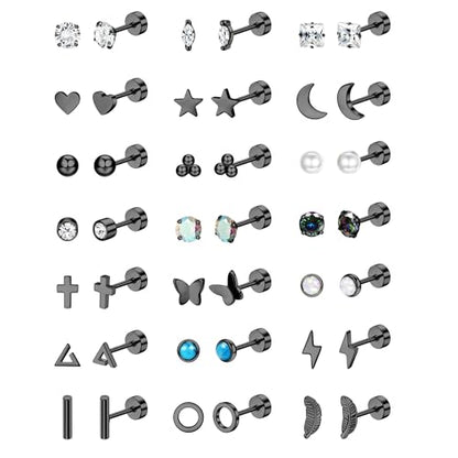 Jstyle 21Pairs Hypoallergenic Flat Back Stud Earrings for Women, Tiny Studs | Surgical Stainless Steel Flatback Earrings, CZ Butterfly Heart Small Stud Earrings Set, Screw Back Cartilage Piercing Jewelry - color: Black