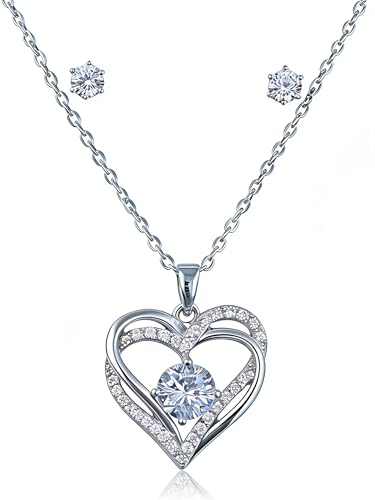 Silver Jewelry Set, Heart-shaped Necklace and Earrings Set, White Gold Plated with Cubic Zirconia, Double Heart Pendant, Women's Fashion Jewelry Set, Gift for Her