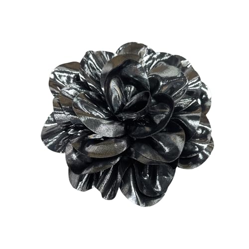 Satin Fabric Rose Flower Extra Large Big Brooches Lapel Pins Silk Camellia Oversized Pin for Women Wedding Party Dance Banquet Dresses Suit Clothes Accessories Jewelry Gifts 7.5in - color: Shiny Black Silver