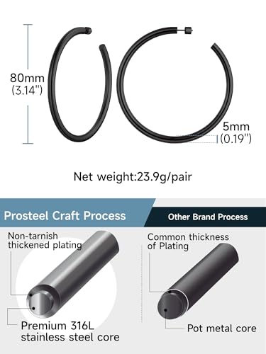 PROSTEEL Chunky Hoop Earrings for Women 14K Gold Plated/Black/Silver | 20/30/40/50/60/70/80mm Stainless Steel Thick Big Round Hoop with Waterproof and Non Tarnish Trendy Jewelry with Gift Box - color: 2. Black, size: 80MM