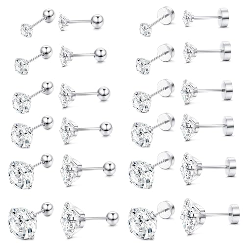 ORAZIO 6Pairs Hypoallergenic Flat Back Earrings 316L Stainless Steel Studs for Sensitive Ears, 3-8mm Cubic Zirconia, Stylish Jewelry for Women Men - Silver - color: Silver Plating