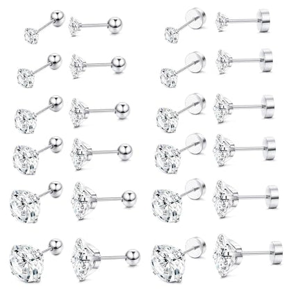 ORAZIO 6Pairs Hypoallergenic Flat Back Earrings 316L Stainless Steel Studs for Sensitive Ears, 3-8mm Cubic Zirconia, Stylish Jewelry for Women Men - Silver - color: Silver Plating