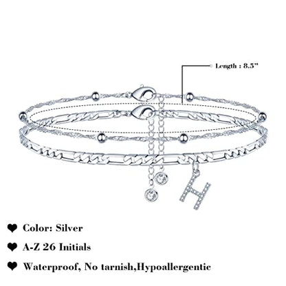 Ankle Bracelets for Women, 14K Gold Plated Dainty Layered Chain CZ Initial Anklets Summer Jewelry Gifts for Women - style: H-Silver