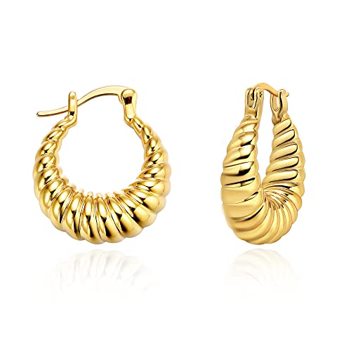 Gold Hoop Earrings for Women, 18K Gold Plated Chunky Huggie Hoop Earrings for Women Jewelry Gifts - color: Croissant Gold