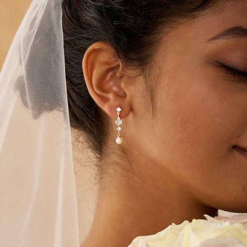 CHESKY Pearl Drop Earrings for Women, 14K Gold Plated Pearl Dangle Earrings | Dainty Pearl Earrings for Women,WaterProof Gold Brides Wedding Earrings,Bridesmaid Bridal Gift,Trendy Women Everyday Jewelry - style: leafs
