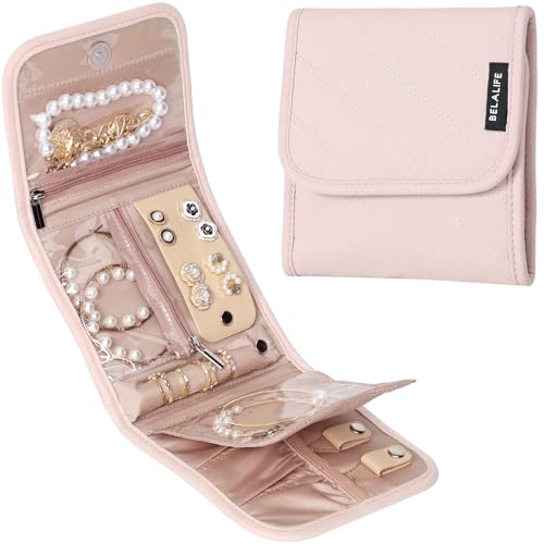 BELALIFE Travel Jewelry Case, Jewelry Organizer Roll for Accessories | Bag with foldable roll design for earrings, necklaces, rings, bracelets and brooches,Pink - color: Pink, size: Small