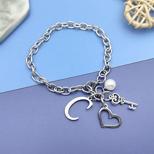 Initial A-Z Bracelets Gift for Women Girls Stainless Steel Chain Bracelet 26 Alphabet Jewelry Gifts for Birthday Anniversary Letter Bracelet Monogram Gifts for Sister Friend Girlfriends Mom 8.26 Inch - color: C