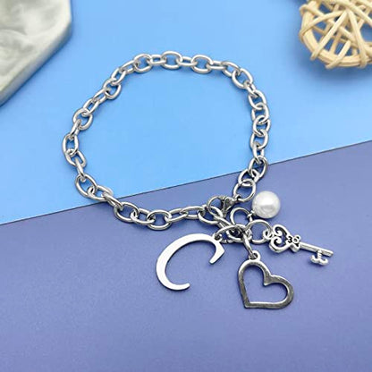 Initial A-Z Bracelets Gift for Women Girls Stainless Steel Chain Bracelet 26 Alphabet Jewelry Gifts for Birthday Anniversary Letter Bracelet Monogram Gifts for Sister Friend Girlfriends Mom 8.26 Inch - color: C