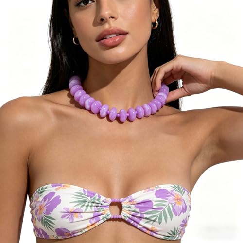 Beaded Necklace for Women Statement Chunky Necklace Boho Bead Choker Acrylic Big Bead Necklaces Summer Beach Jewelry for Women - color: Purple