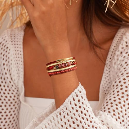 Wrapped Bracelets for Women,Leather Boho Bracelets for Women - color: Stone-Red