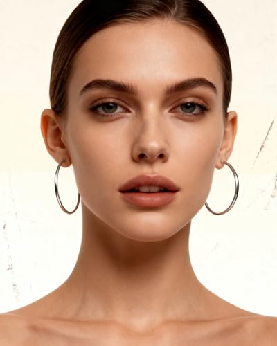 EXGOX 5mm Wide Gold Hoop Earrings for Women,Sterling Silver Hoop Earrings Large Silver Hoop Earrings Hypoallergenic Lightweight 14K Real Gold Plated Big Hoop Earrings for Women 30/40/50/60/70mm - color: 3MM-Sliver Hoop-50mm