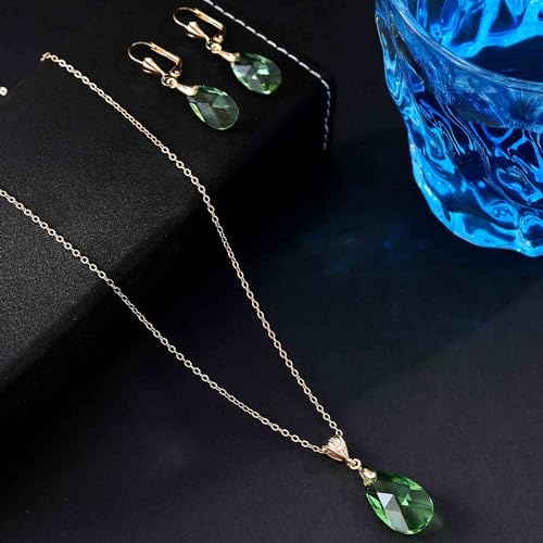 Austrian Crystals Teardrop Pendant Necklace Earrings for Women 14K Gold Plated Hypoallergenic Leverback Drop Dangle Earrings Jewelry Set - color: Green
