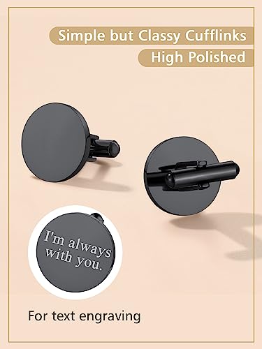 FindChic Stainless Steel Round Cufflinks with Custom Text/Picture/Monogram Letters 18K Gold Plated/Black Color for Men Groom Suits Shirts, with Gift Box - style: 01. simple round-custom text (black)