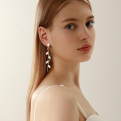 Gold/Silver Clip on Earrings Non Pierced for Women - 14K Gold Plated Long Tasse Drop Dangle Clip Earrings - Cubic Zirconia Leaf Earrings for Women Gold Wedding Jewelry Gifts - color: 14K gold plated