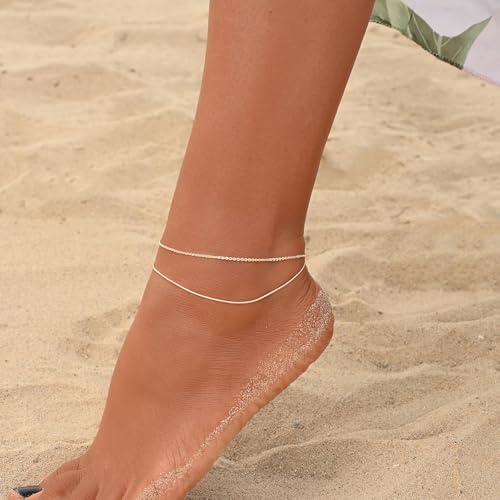 Ankle Bracelets for Women 14K Gold Sterling Silver Plated Anklets for Women Waterproof Dainty Anklets with Cubic Zirconia,Clover, Forever Love Knot, Chains Trendy Everyday Anklet Beach Summer Jewelry Gift - color: Layered Snake Chain-Gold