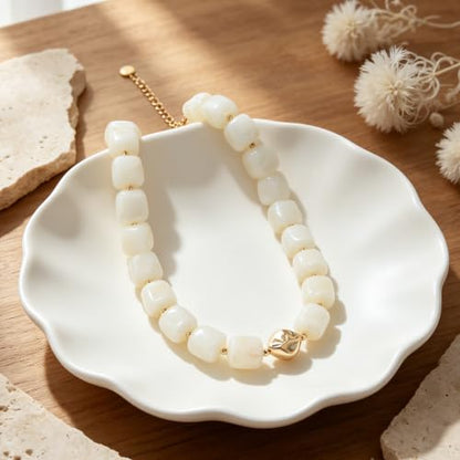 Chunky Beaded Necklace for Women,Square Resin beads boho Choker Necklace with gold-tone spacers,Fashion Trendy Summer Beach Party Necklaces Handmade Surfer Beach Necklaces Jewelry Gifts - color: Milky White