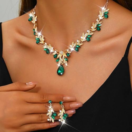 Rhinestone Bridal Wedding Jewelry Sets Gold Necklace Earrings Set Leaf Prom Formal Costume Jewelry Set for Women and Brides - color: Green