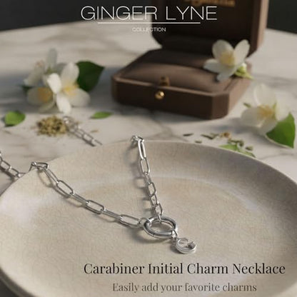 Paperclip Chain Carabiner Initial Charm Holder Necklace by Ginger Lyne | 18K Gold-Plated or Silver Tone Paperclip Chain with Carabiner Charm Holder, Adjustable 18-20 Inch, A-Z Initial Pendant - color: Silver-T