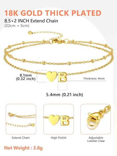 Ankle Bracelets for Women Waterproof 14K Gold/Silver/Black Initial Anklet for Women Dainty Layered Heart Ankle Bracelets Stainless Steel Adjustable Foot Chain Anklet Summer Beach Jewelry - color: B-Gold