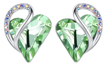 Infinity Love Heart Stud Earrings for Women, Birthstone and Healing Stone, Gifts for Mom, Wife, and Her, Silver Plated - color: 08b-August-Healing Stone for Confidence-Light Chrysolite Green