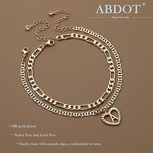 Initial Ankle Bracelets for Women 2pcs 18K Gold Plated Handmade Layered Letter Heart Figaro Chain Flat Mariner Anklets for Women Cute Summer Beach Foot Jewelry - style: Gold-W