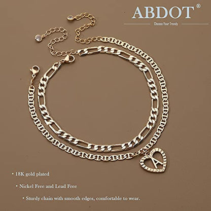 Initial Ankle Bracelets for Women 2pcs 18K Gold Plated Handmade Layered Letter Heart Figaro Chain Flat Mariner Anklets for Women Cute Summer Beach Foot Jewelry - style: Gold-A