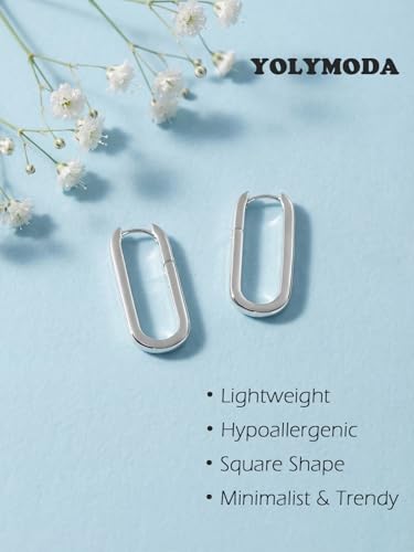 Medium Rectangle Silver Hoop Earrings in Stainless Steel for Women | Hypoallergenic Surgical Steel for Sensitive Ears Unique Lightweight Geometric Paperclip Earrings for Ladies Everyday Wear