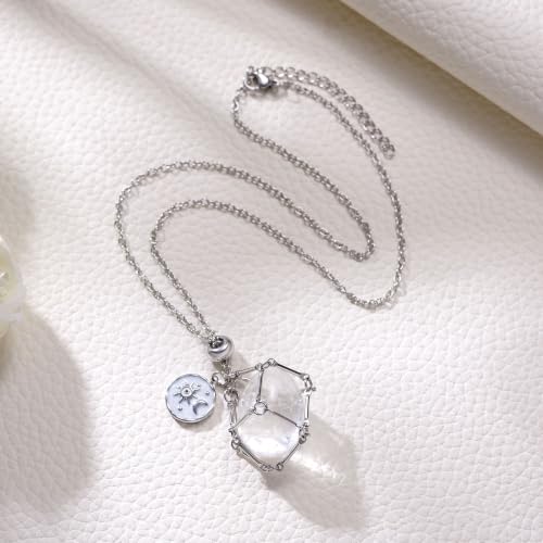 MIXJOY Black Obsidian Crystal Necklace for Women, Sun and Moon Celestial Pendant Protection Gift for Halloween Christmas - style: Clear Quartz Small